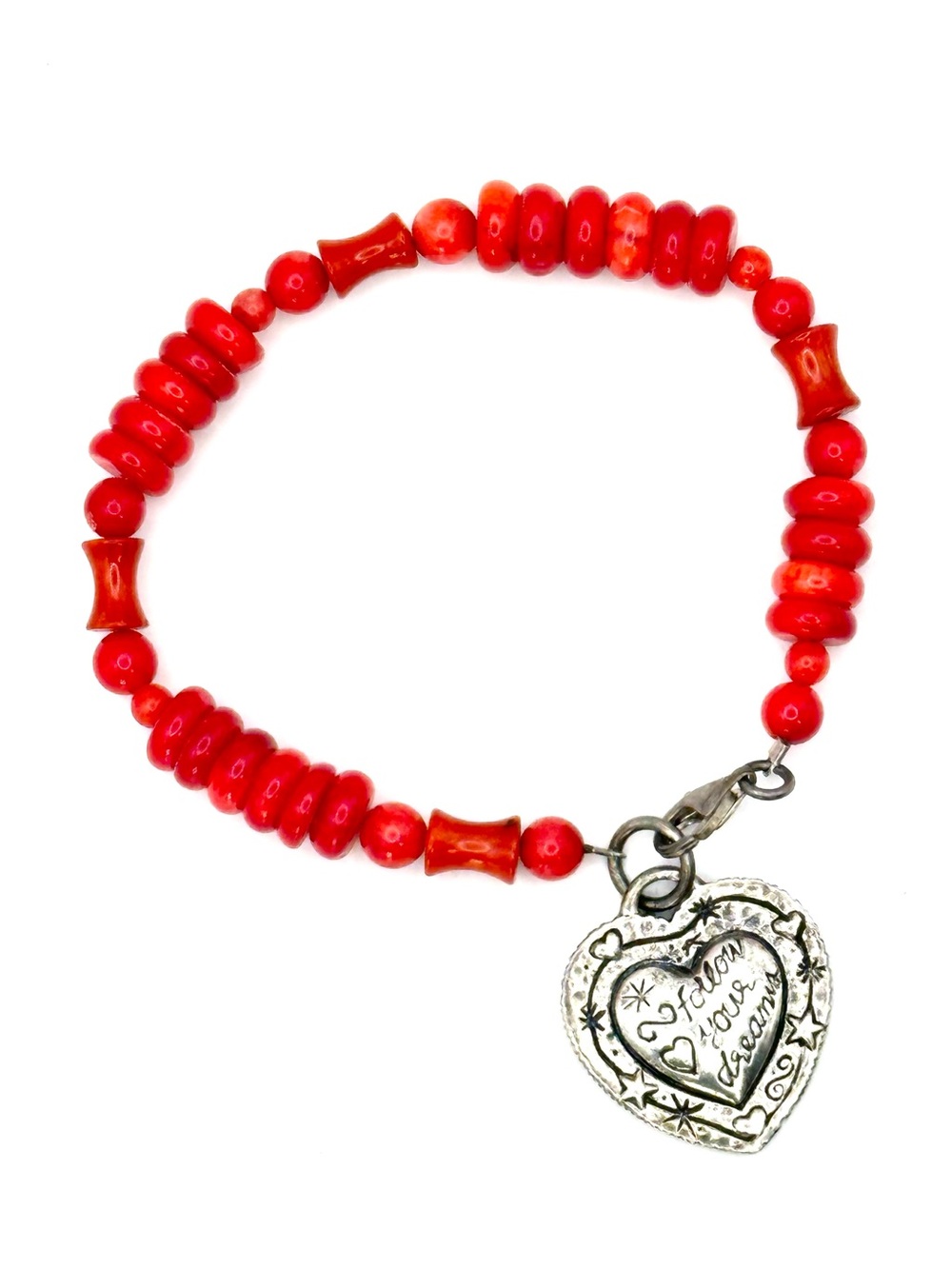 Sterling Silver Heart Charm Bracelet w/ Coral Colored Beads